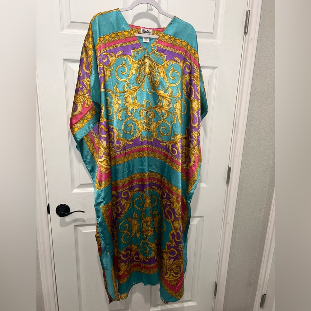 Turquoise Baroque Satin Caftan Robe with Gold & Purple Accents
